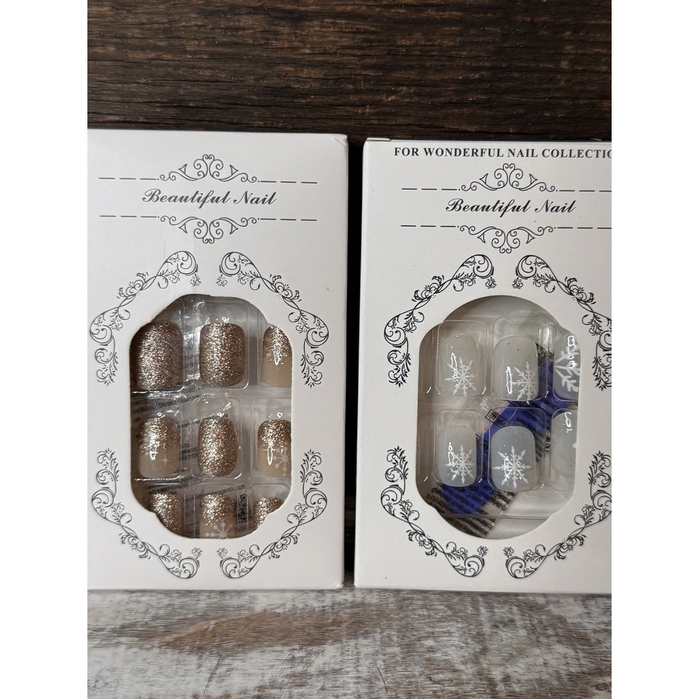 Press-On Nail 2 Sets Champagne Glitter &‎ Milky Snowflake